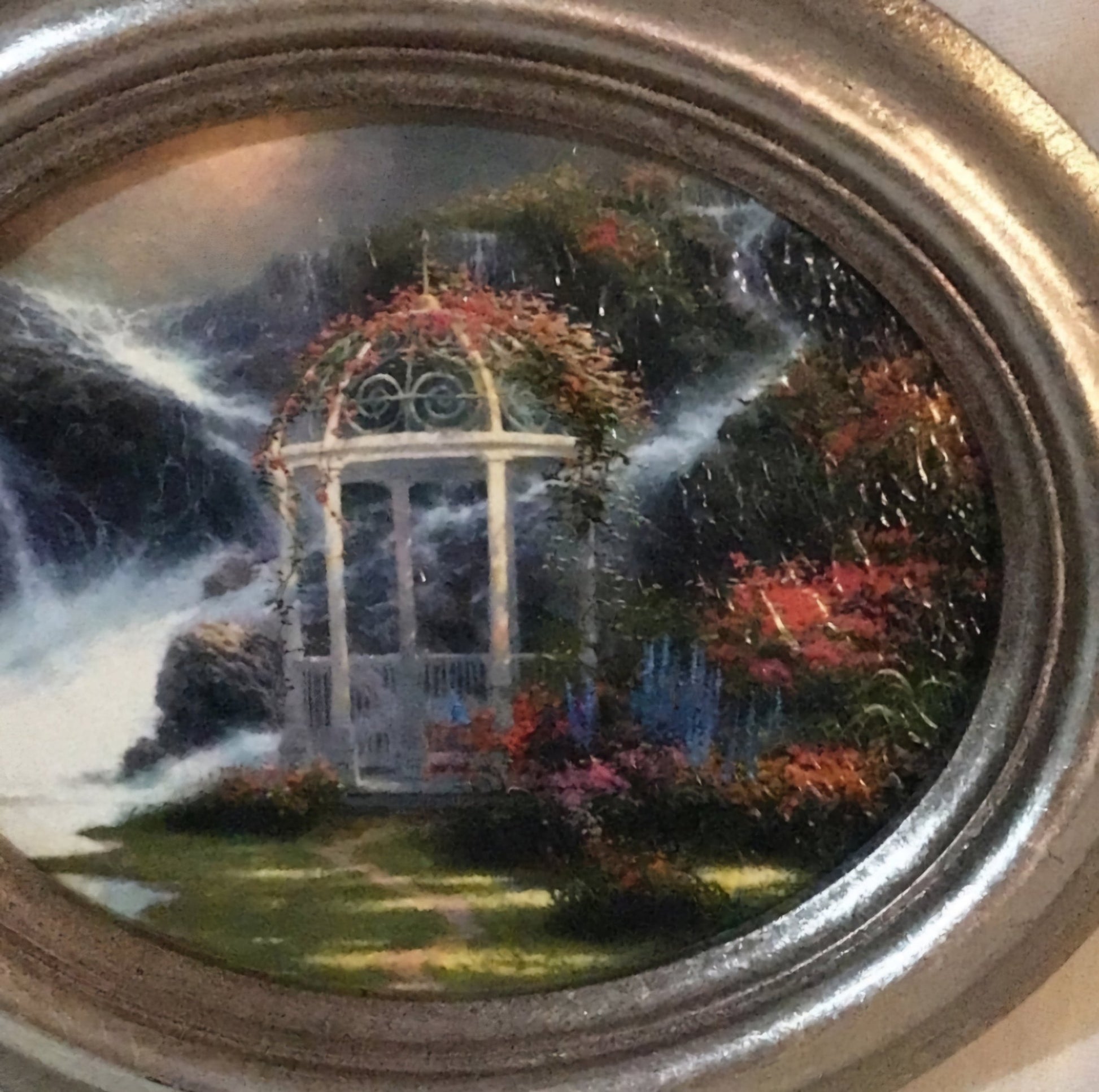 Gazebo Thomas Kinkade Painter of light print Picture in Oval Frame - I Bought a Yard Sale