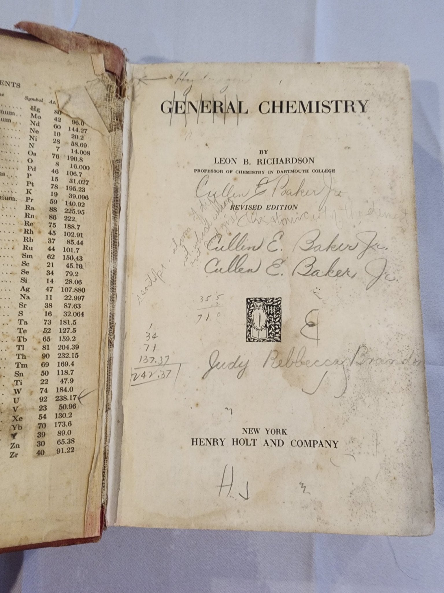 GENERAL CHEMISTRY Leon B. Richardson [Hardcover] 1932 Textbook - I Bought a Yard Sale