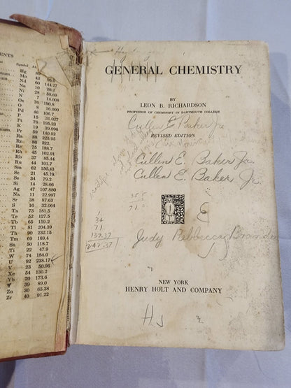 GENERAL CHEMISTRY Leon B. Richardson [Hardcover] 1932 Textbook - I Bought a Yard Sale