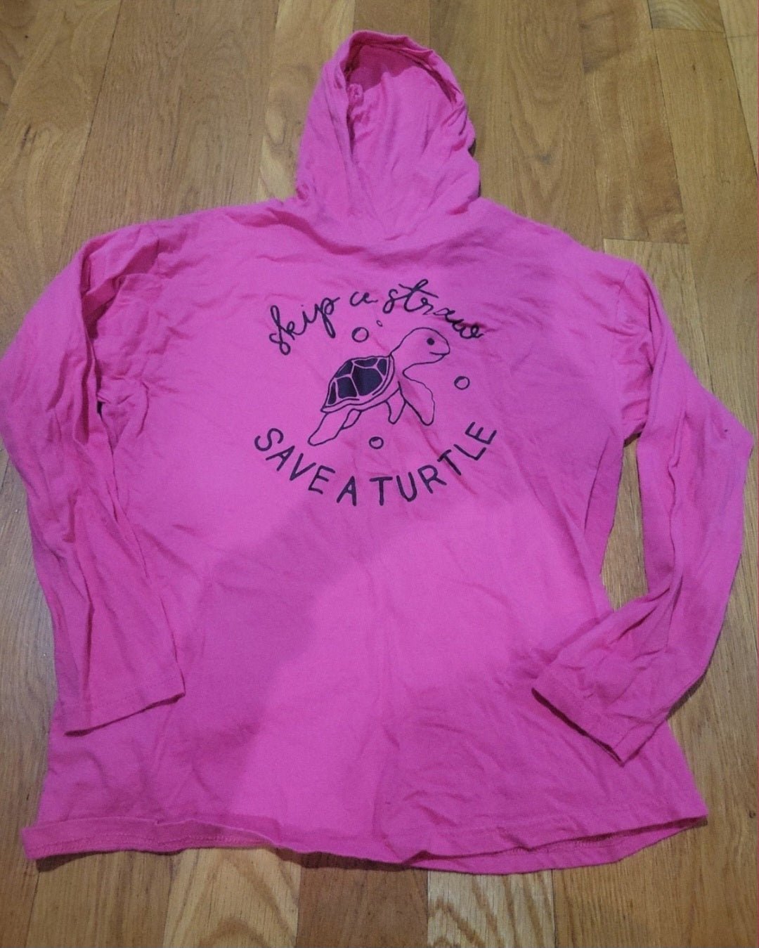 Girls large long sleeve hooded tee Skip a straw Save a Turtle 14/16 - I Bought a Yard Sale