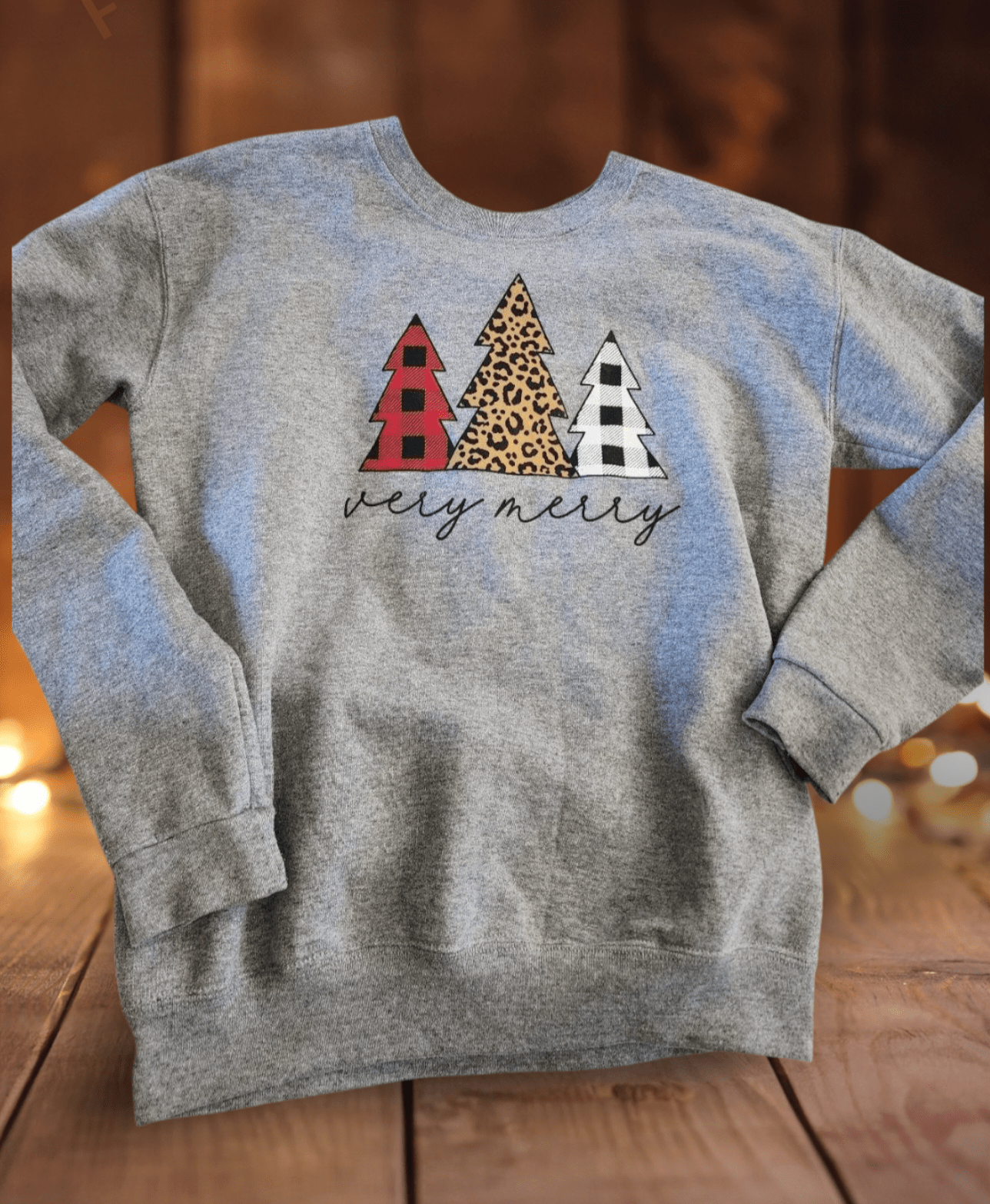 Girls' "Very Merry" Christmas Tree Sweatshirt Gray Buffalo Plaid Leopard Large - I Bought a Yard Sale