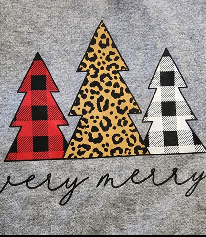 Girls' "Very Merry" Christmas Tree Sweatshirt Gray Buffalo Plaid Leopard Large - I Bought a Yard Sale