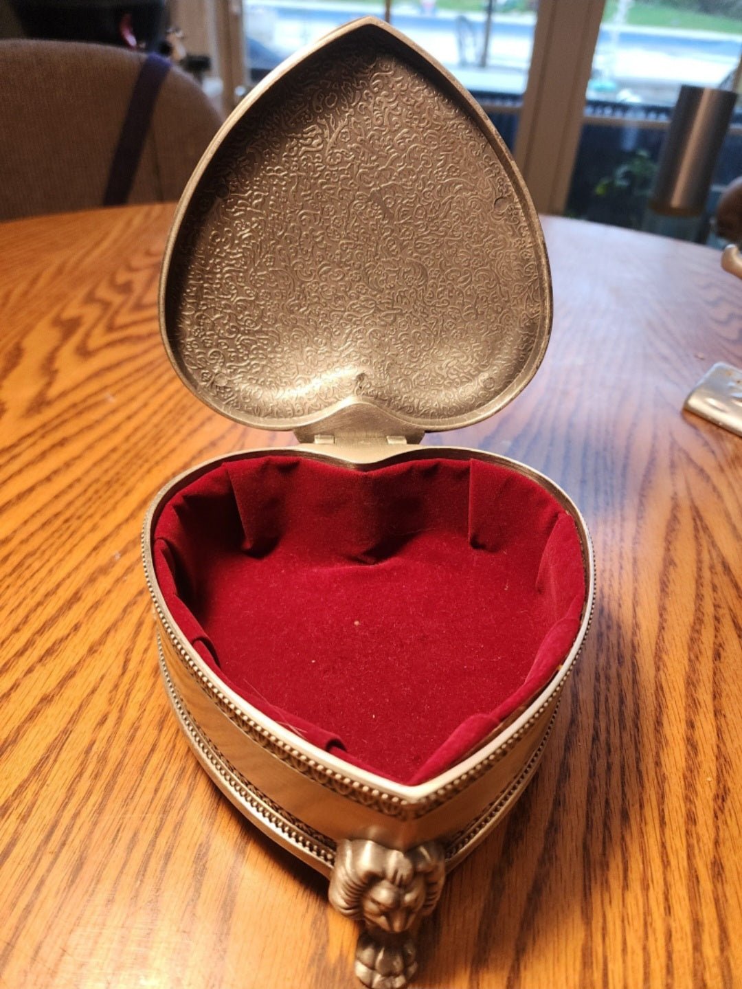 Heart Shape Pewter Metal Jewelry Box Lion Face & Paw Footed - I Bought a Yard Sale