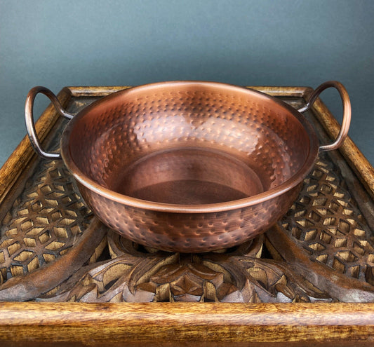 Vintage Hand Hammered Copper Bowl with Handles for Rustic Kitchen Decor