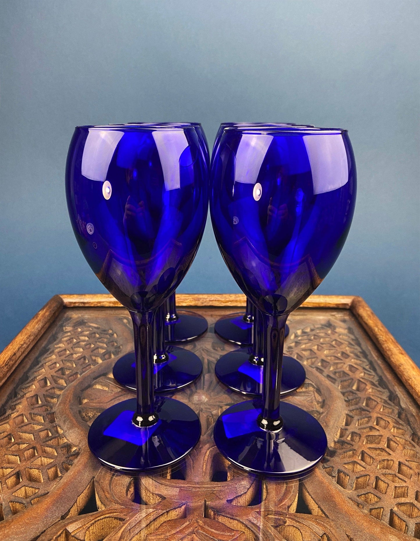 Cobalt Blue Wine Glasses.  Set of Six Stemware. Dark Blue Modern Glasses. Holiday Celebration.