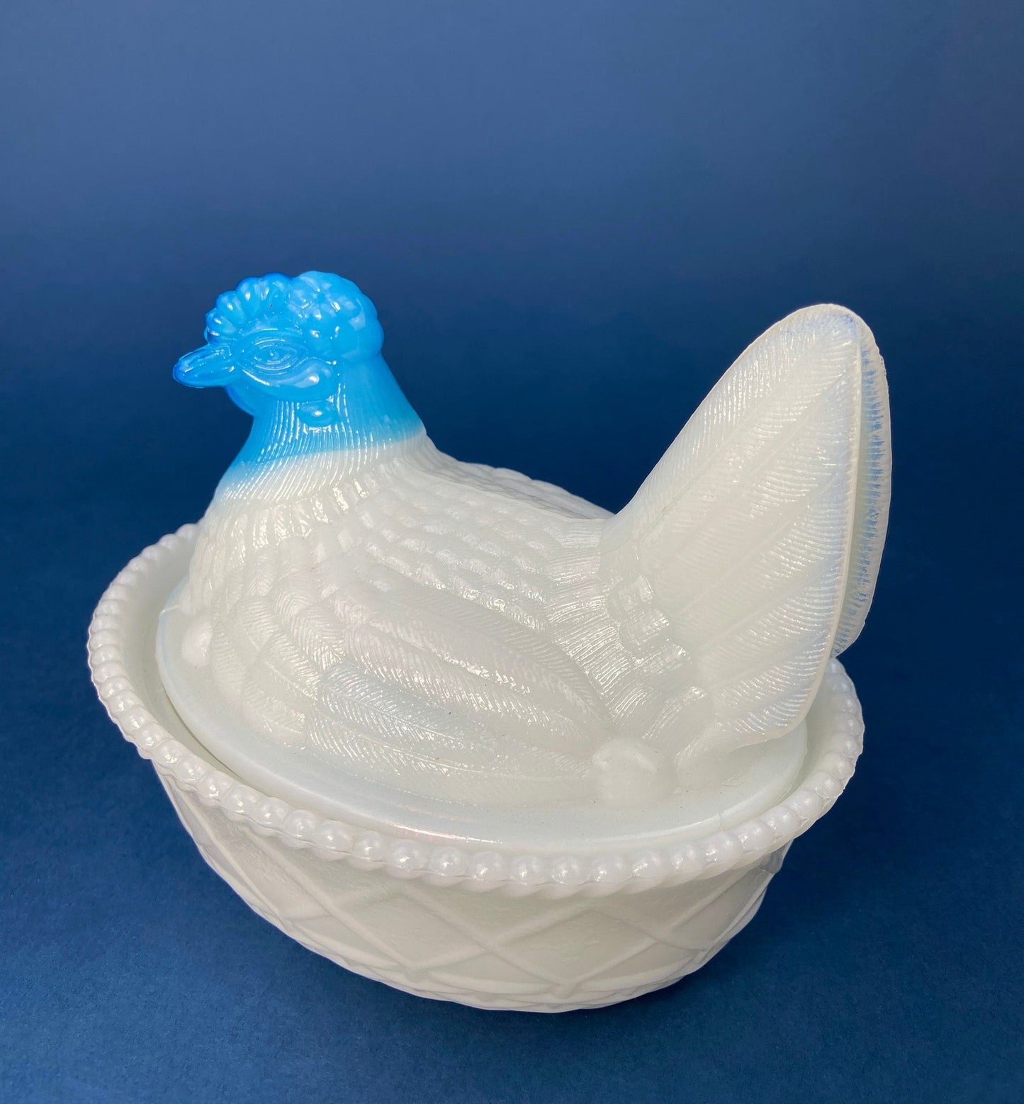 White and Blue Glass Hen in a Basket. Milk Glass Chicken Sitting on Eggs in a Basket. Butter Dish, Storage Bowl with Lid. Collectible Hen.
