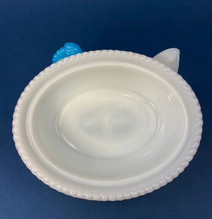 White and Blue Glass Hen in a Basket. Milk Glass Chicken Sitting on Eggs in a Basket. Butter Dish, Storage Bowl with Lid. Collectible Hen.