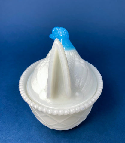 White and Blue Glass Hen in a Basket. Milk Glass Chicken Sitting on Eggs in a Basket. Butter Dish, Storage Bowl with Lid. Collectible Hen.