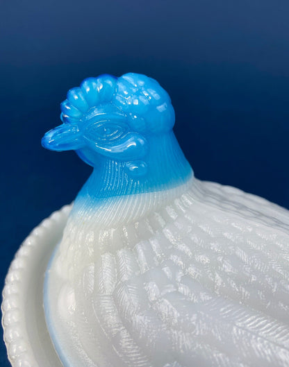 White and Blue Glass Hen in a Basket. Milk Glass Chicken Sitting on Eggs in a Basket. Butter Dish, Storage Bowl with Lid. Collectible Hen.