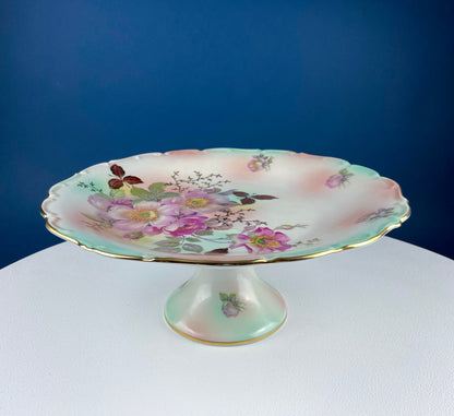Vintage Shelley Footed Cake Stand. Hand Painted Porcelain Collectible Cake Serving Stand. Blue Bell Motif. Wedding Gift.