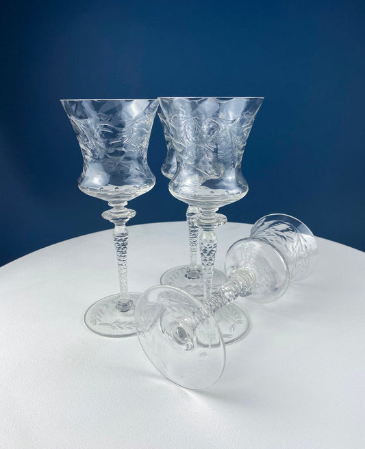 Vintage Wine or Water Goblets by Newton Crystal Co. Hand Blown Tall Stemware. Swirl Optic and Cut Floral. Stem #3365-3. Set of 4 Glasses.