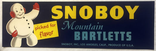 Vintage Snoboy Snowman Crate Label ❄️ Mountain Bartletts Pear Advertising Art, Los Angeles Calif