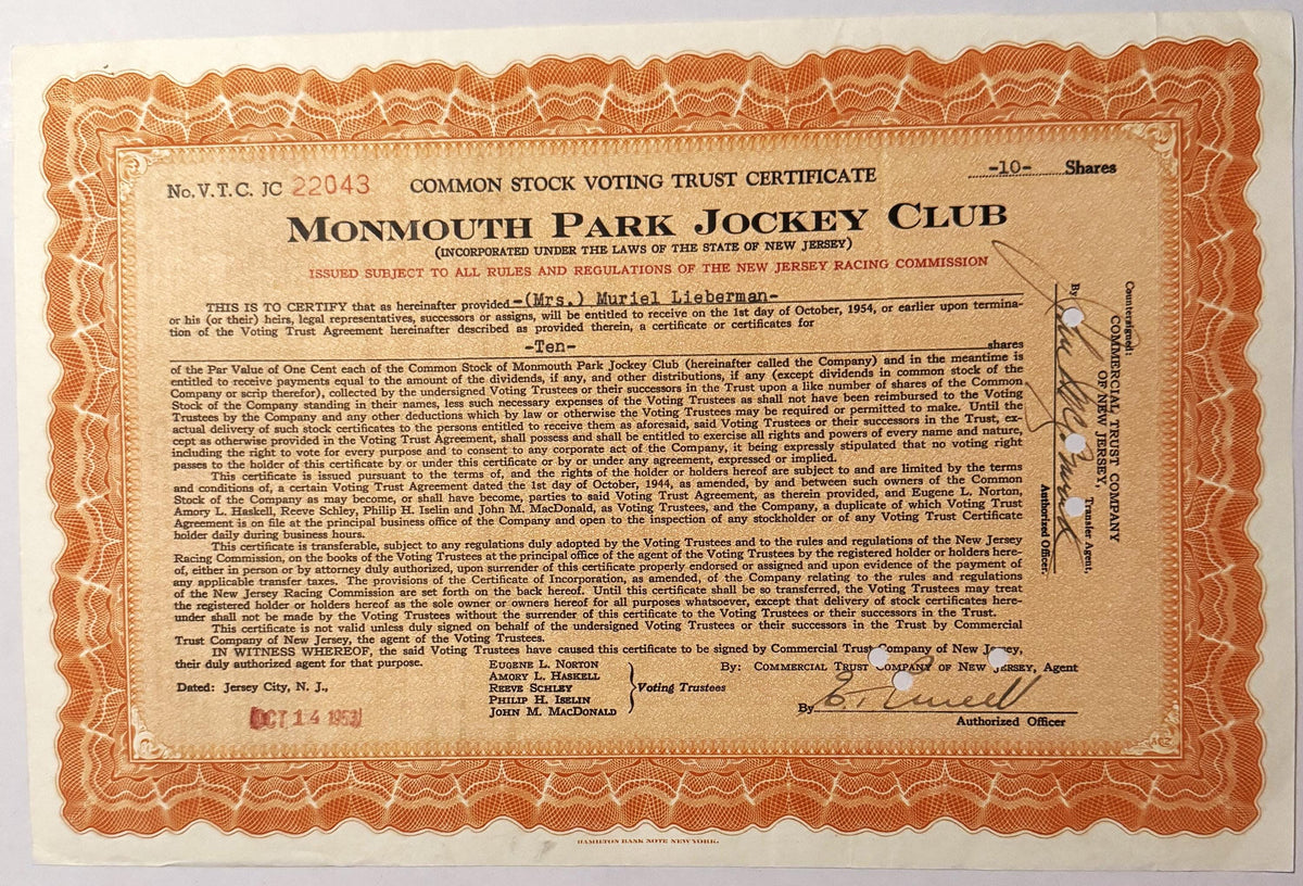Vintage 1940s–1950s Monmouth Park Jockey Club Stock Certificate 🏇 Postwar Jersey Shore Horse Racing