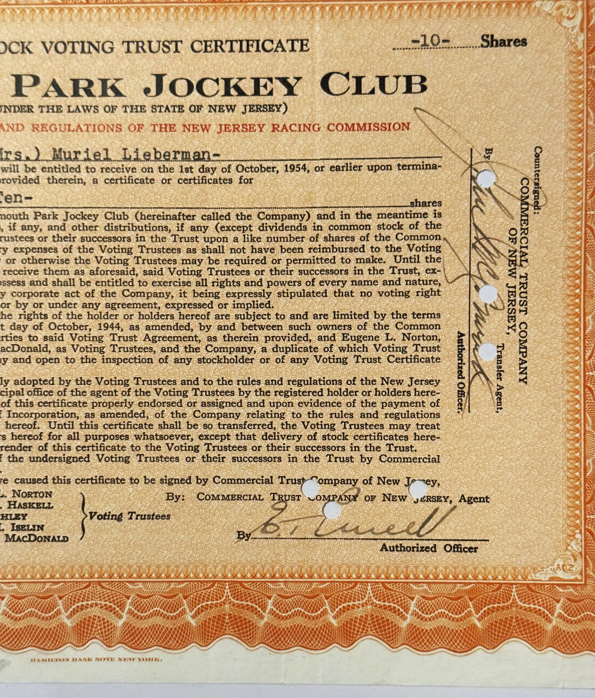 Vintage 1940s–1950s Monmouth Park Jockey Club Stock Certificate 🏇 Postwar Jersey Shore Horse Racing
