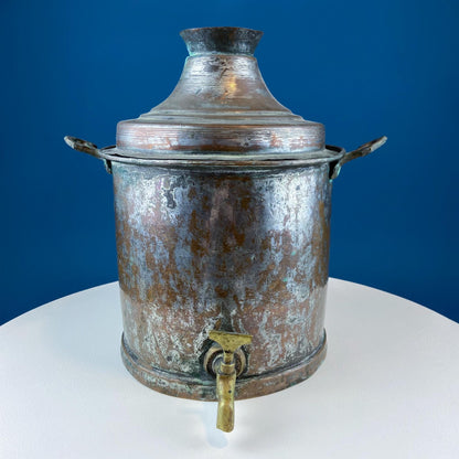 Hand Pounded Tin Copper Turkish Beverage Dispenser with Brass Spigot & Handles. Rustic Jug.