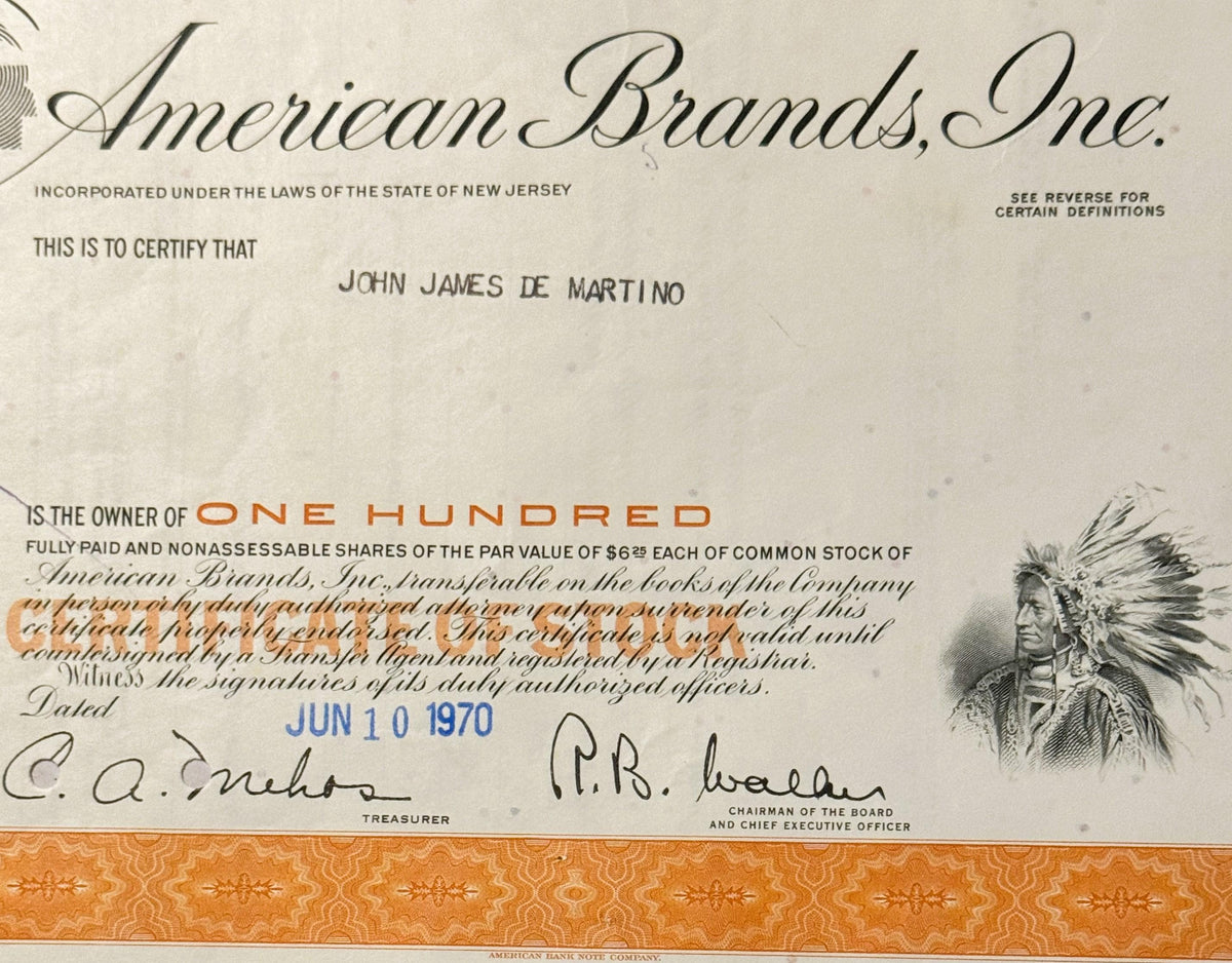 Vintage American Brands Stock Certificate 📜 Native American Chief Vignette, New Jersey Tobacco Americana