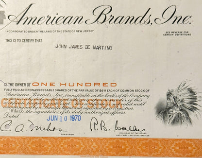 Vintage American Brands Stock Certificate 📜 Native American Chief Vignette, New Jersey Tobacco Americana
