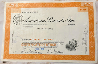 Vintage American Brands Stock Certificate 📜 Native American Chief Vignette, New Jersey Tobacco Americana