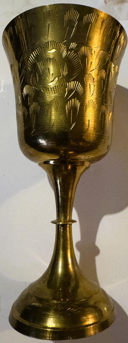 Vintage Etched Brass Goblet Chalice 🏺 Indian Bright-Cut Engraving INDIA Scratch Mark to Base