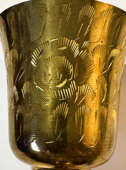 Vintage Etched Brass Goblet Chalice 🏺 Indian Bright-Cut Engraving INDIA Scratch Mark to Base