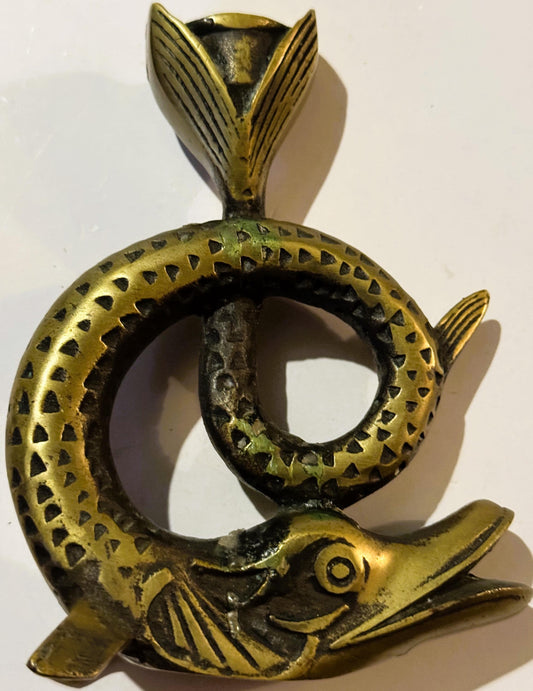 Vintage Bronze Fish Candlestick 🐟 Coiled Figural Candle Holder with Aged Verdigris Patina