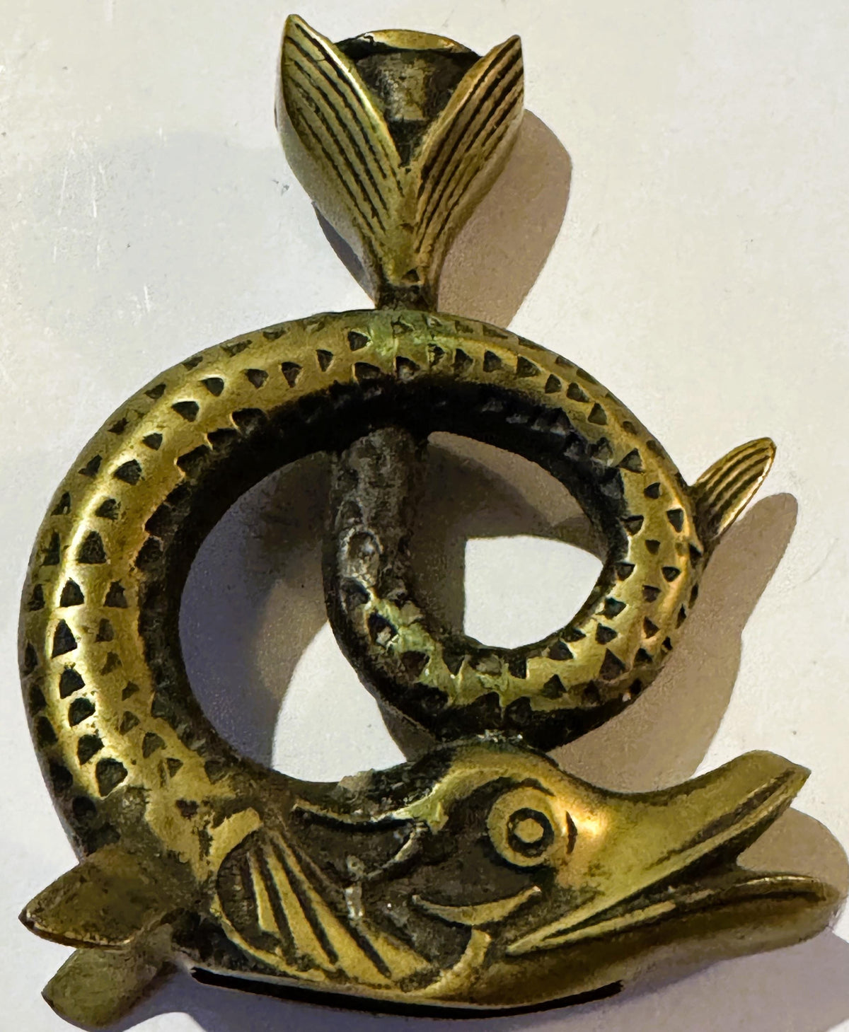 Vintage Bronze Fish Candlestick 🐟 Coiled Figural Candle Holder with Aged Verdigris Patina
