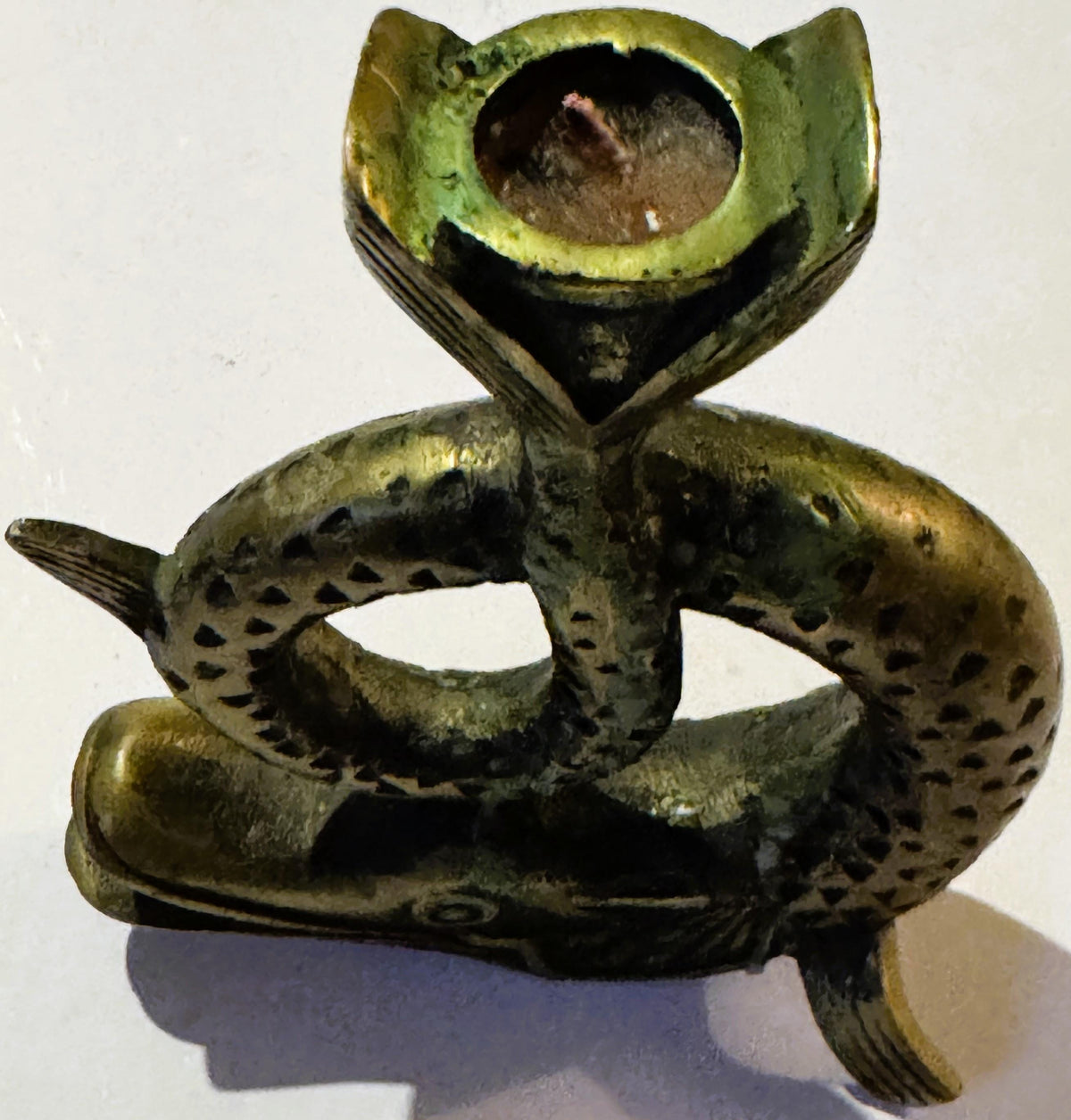 Vintage Bronze Fish Candlestick 🐟 Coiled Figural Candle Holder with Aged Verdigris Patina