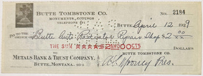 Antique 1920s - 1930s Butte Tombstone Company Checks from Montana Mining Era