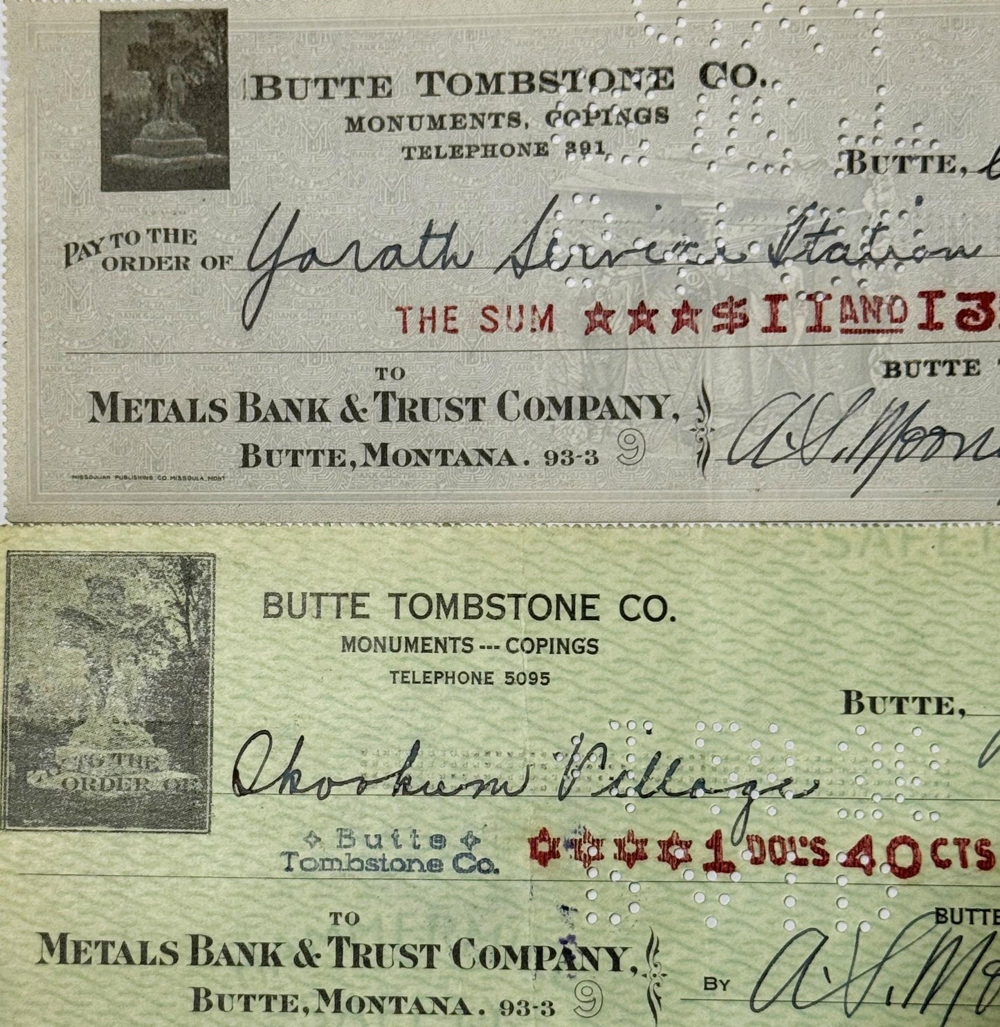 Antique 1920s - 1930s Butte Tombstone Company Checks from Montana Mining Era