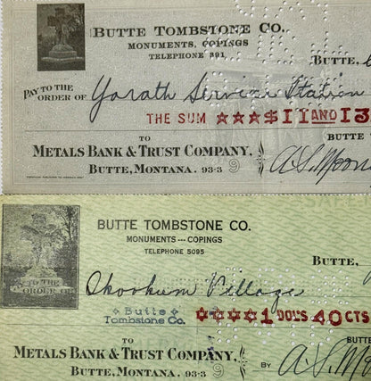 Antique 1920s - 1930s Butte Tombstone Company Checks from Montana Mining Era