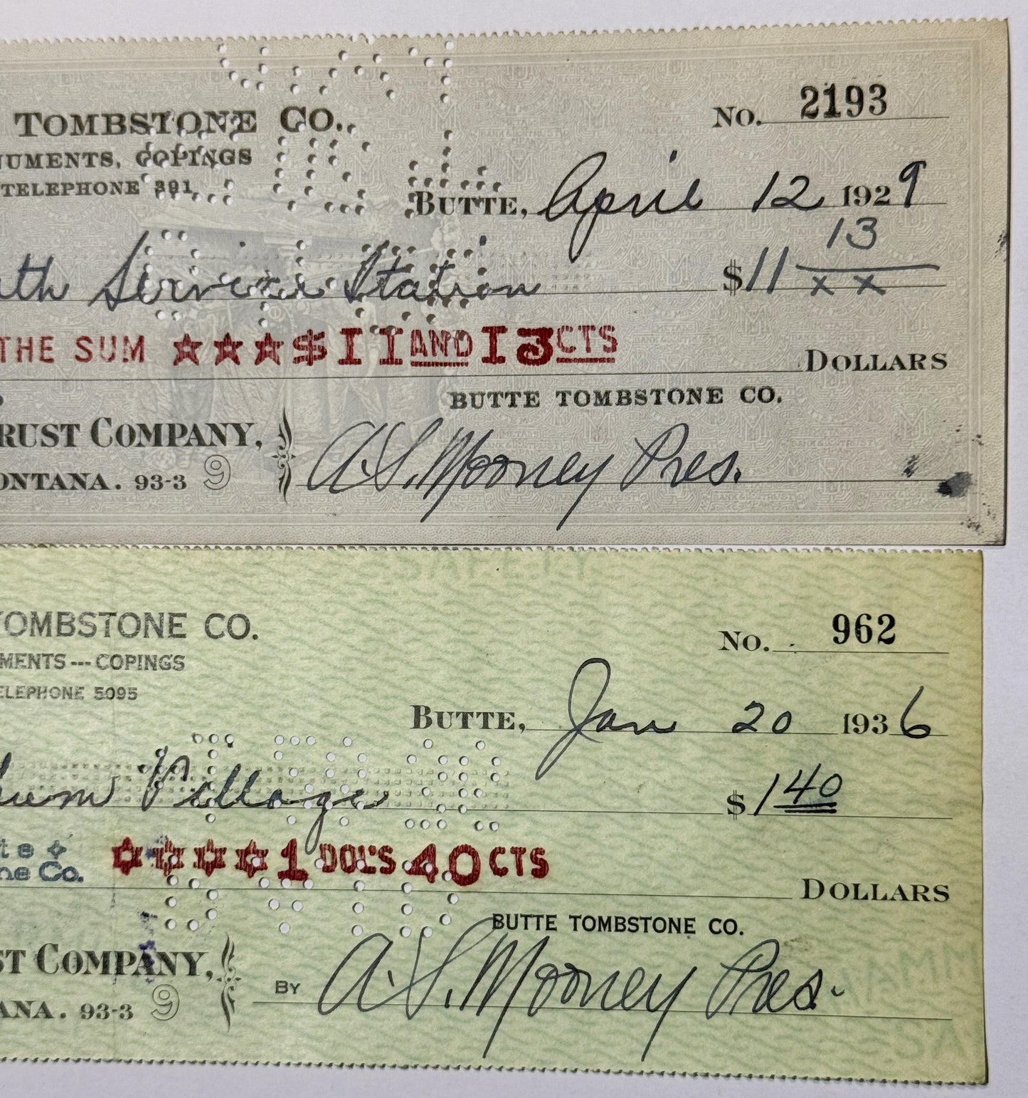 Antique 1920s - 1930s Butte Tombstone Company Checks from Montana Mining Era