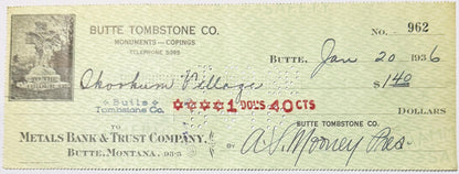 Antique 1920s - 1930s Butte Tombstone Company Checks from Montana Mining Era