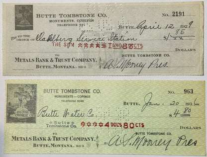 Antique 1920s - 1930s Butte Tombstone Company Checks from Montana Mining Era