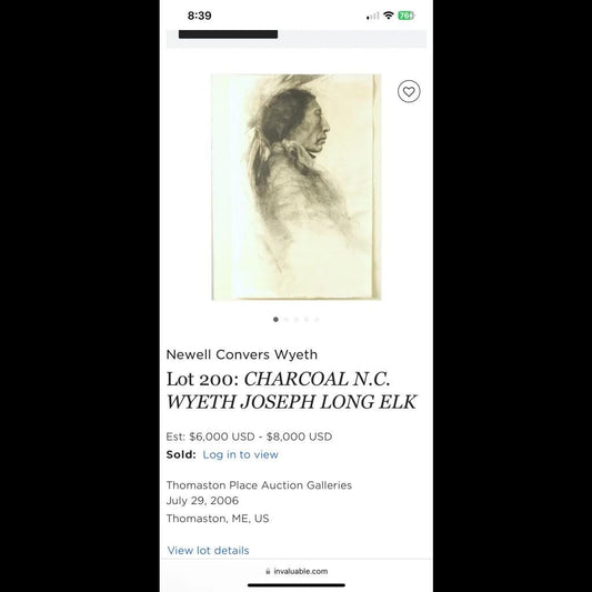 Vintage Joseph Long Elk Charcoal Portrait Print 🎨 Large 1960s Crow Chief on Heavy Linen, Cataloged N.C. Wyeth at Auction