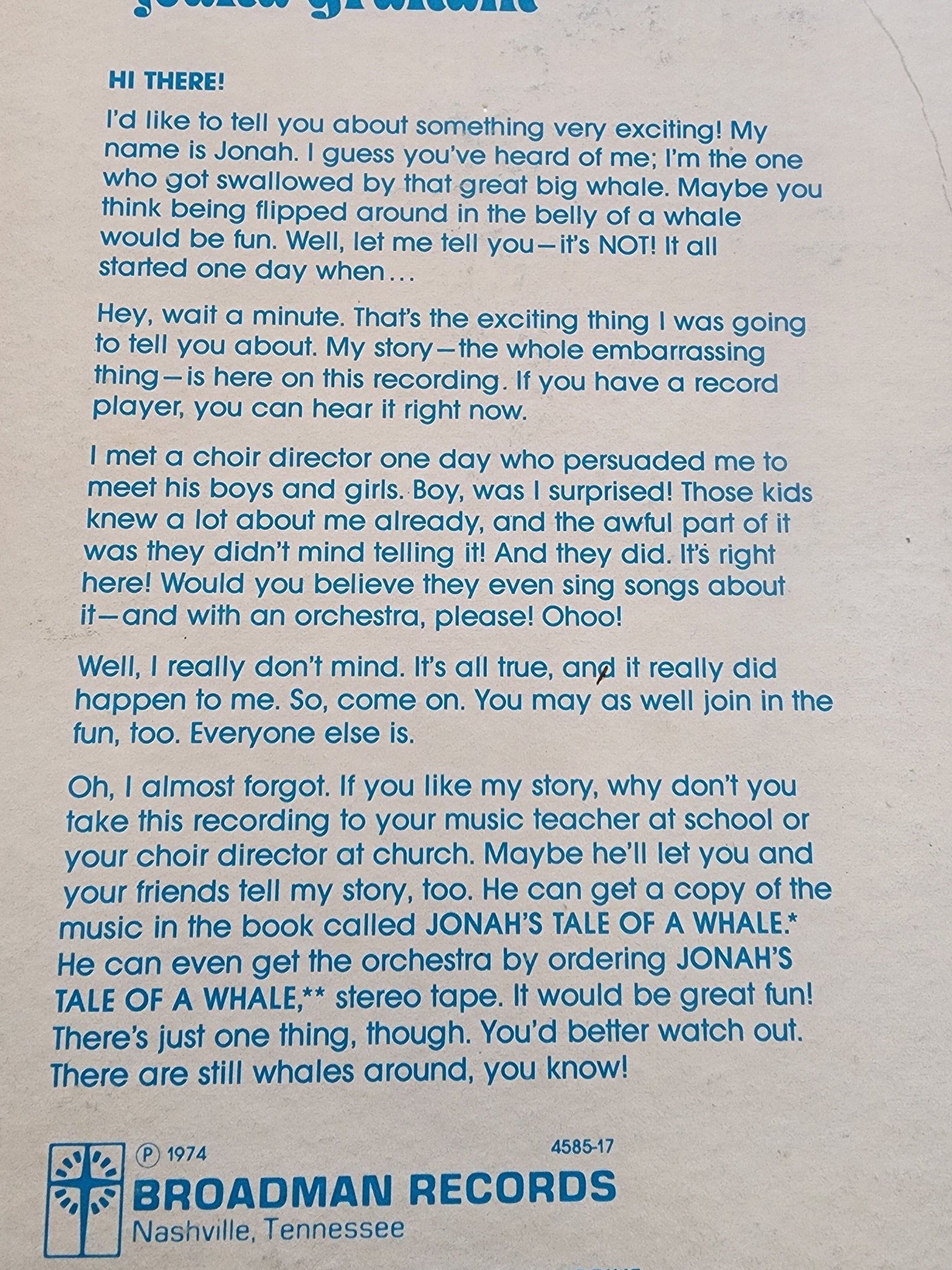 Jonah's tale of the whale 1974 Broadman VTG record vinyl Kids Stories - I Bought a Yard Sale