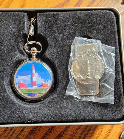 Lighthouse Pocket Watch and Money Clip in Tin Box - I Bought a Yard Sale