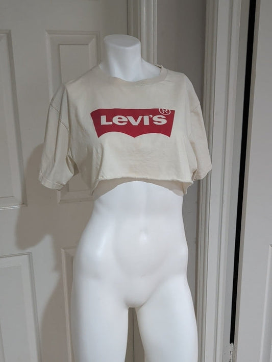 Vintage Levi's Crop Logo Tee in Cream with Red Print Women's Large Retro Tees