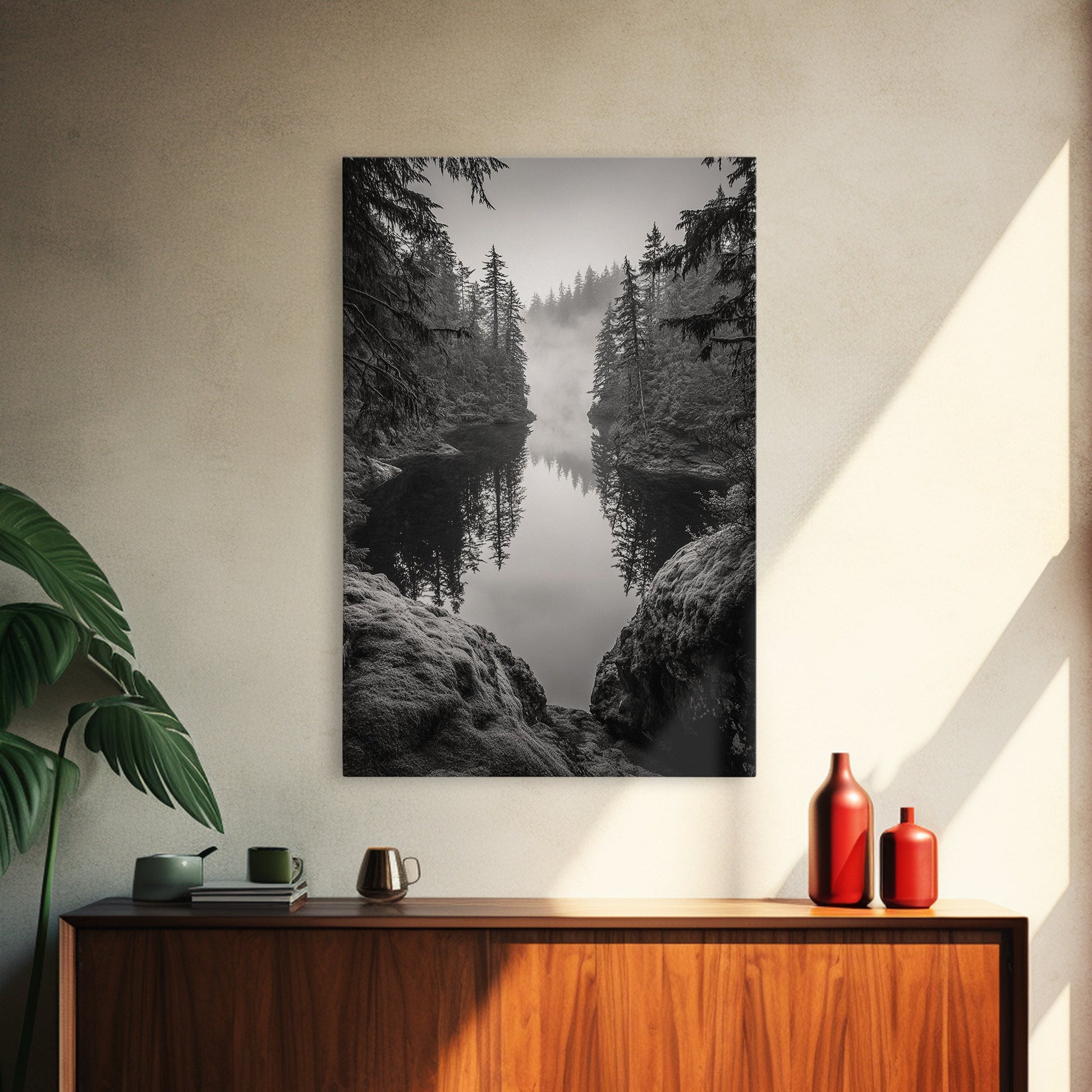 Misty Forest, River Reflection, Foggy Pines, Mountain Silence, Framed Canvas Print, Bedroom Wall Art, Tranquil Nature Photography, Zen Decor - I Bought a Yard Sale