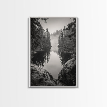 Misty Forest, River Reflection, Foggy Pines, Mountain Silence, Framed Canvas Print, Bedroom Wall Art, Tranquil Nature Photography, Zen Decor - I Bought a Yard Sale