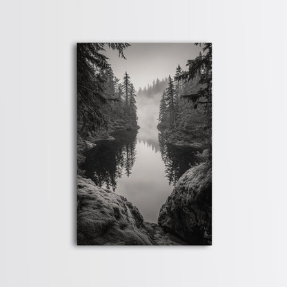 Misty Forest, River Reflection, Foggy Pines, Mountain Silence, Framed Canvas Print, Bedroom Wall Art, Tranquil Nature Photography, Zen Decor - I Bought a Yard Sale
