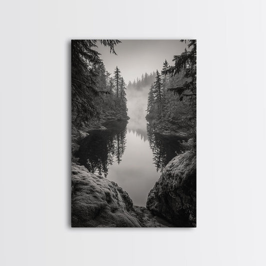 Misty Forest, River Reflection, Foggy Pines, Mountain Silence, Framed Canvas Print, Bedroom Wall Art, Tranquil Nature Photography, Zen Decor - I Bought a Yard Sale