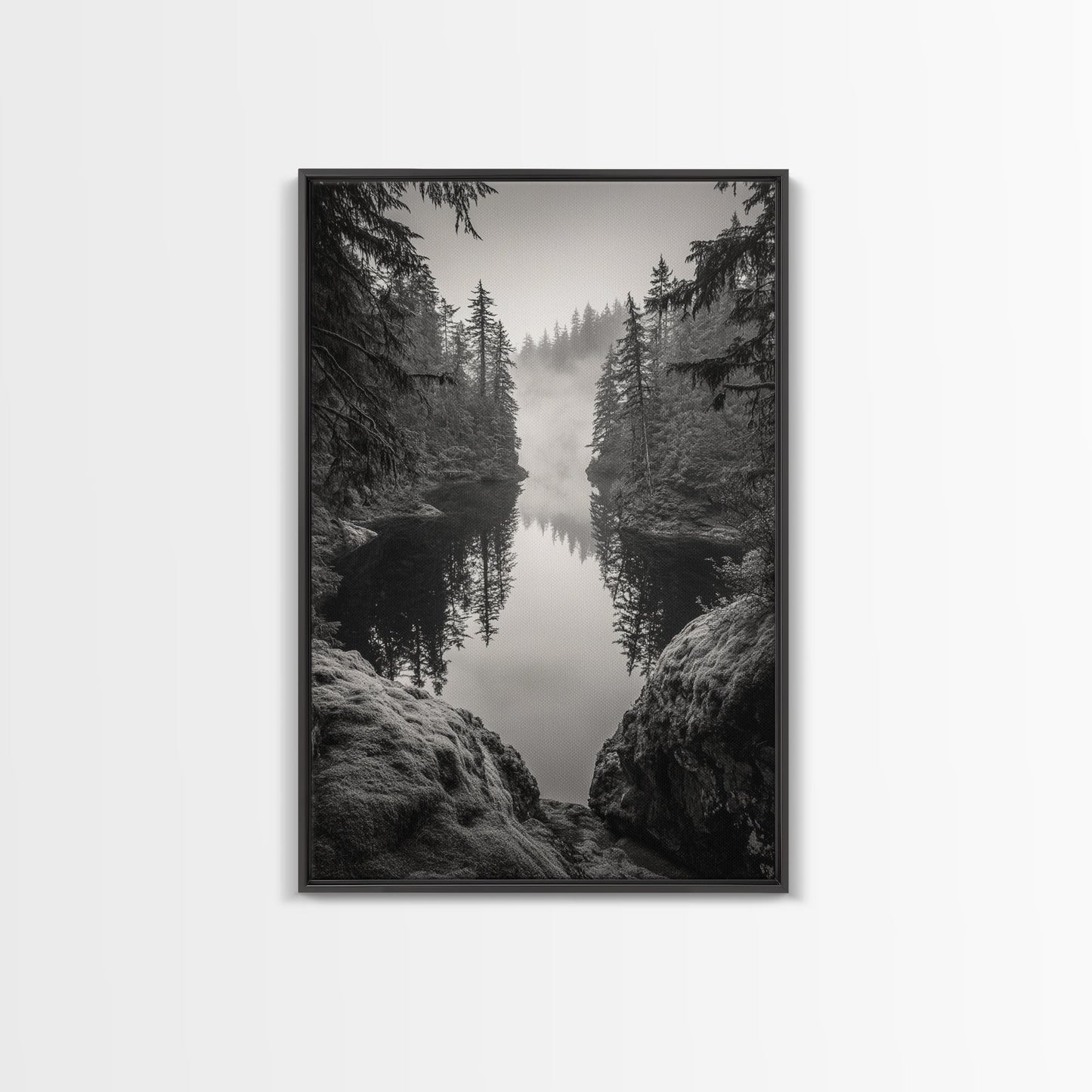Misty Forest, River Reflection, Foggy Pines, Mountain Silence, Framed Canvas Print, Bedroom Wall Art, Tranquil Nature Photography, Zen Decor - I Bought a Yard Sale