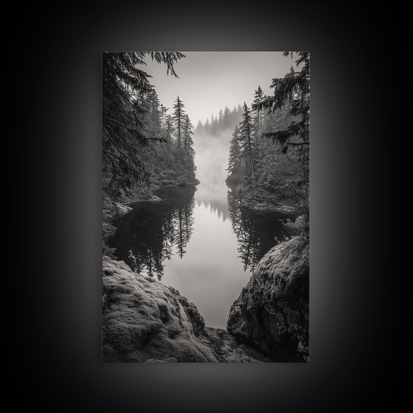 Misty Forest, River Reflection, Foggy Pines, Mountain Silence, Framed Canvas Print, Bedroom Wall Art, Tranquil Nature Photography, Zen Decor - I Bought a Yard Sale