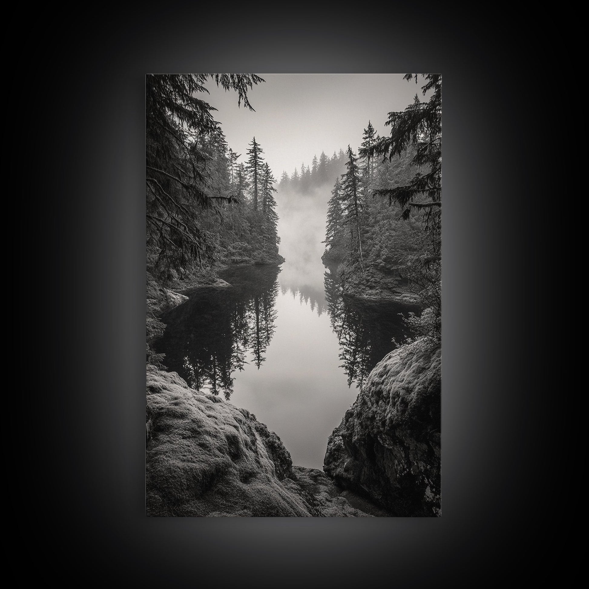 Misty Forest, River Reflection, Foggy Pines, Mountain Silence, Framed Canvas Print, Bedroom Wall Art, Tranquil Nature Photography, Zen Decor - I Bought a Yard Sale