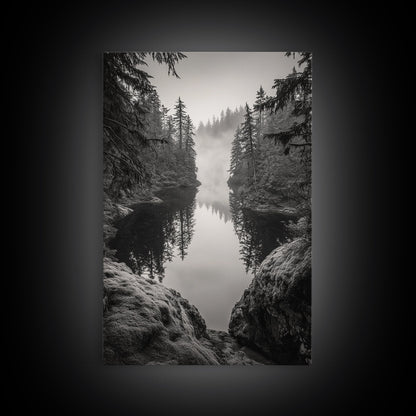 Misty Forest, River Reflection, Foggy Pines, Mountain Silence, Framed Canvas Print, Bedroom Wall Art, Tranquil Nature Photography, Zen Decor - I Bought a Yard Sale