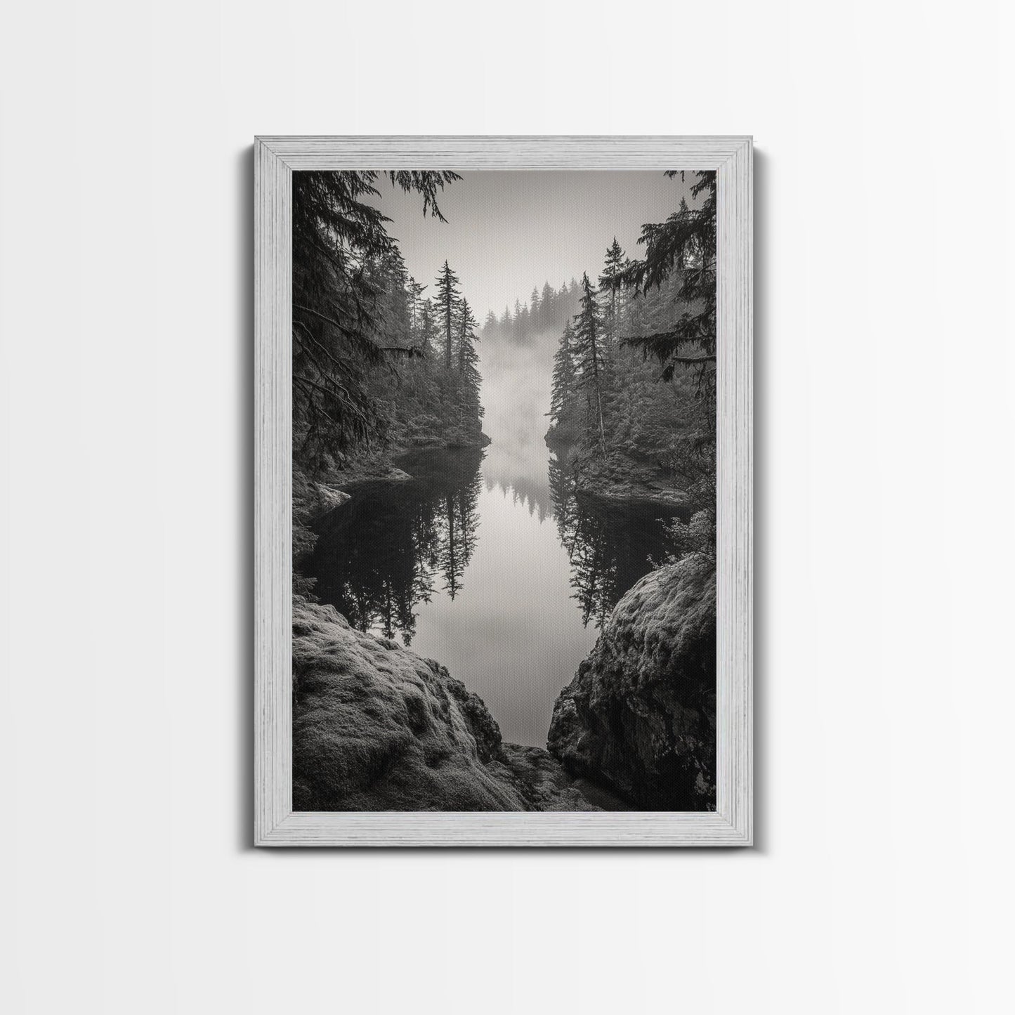 Misty Forest, River Reflection, Foggy Pines, Mountain Silence, Framed Canvas Print, Bedroom Wall Art, Tranquil Nature Photography, Zen Decor - I Bought a Yard Sale
