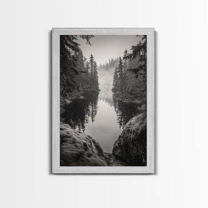Misty Forest, River Reflection, Foggy Pines, Mountain Silence, Framed Canvas Print, Bedroom Wall Art, Tranquil Nature Photography, Zen Decor - I Bought a Yard Sale