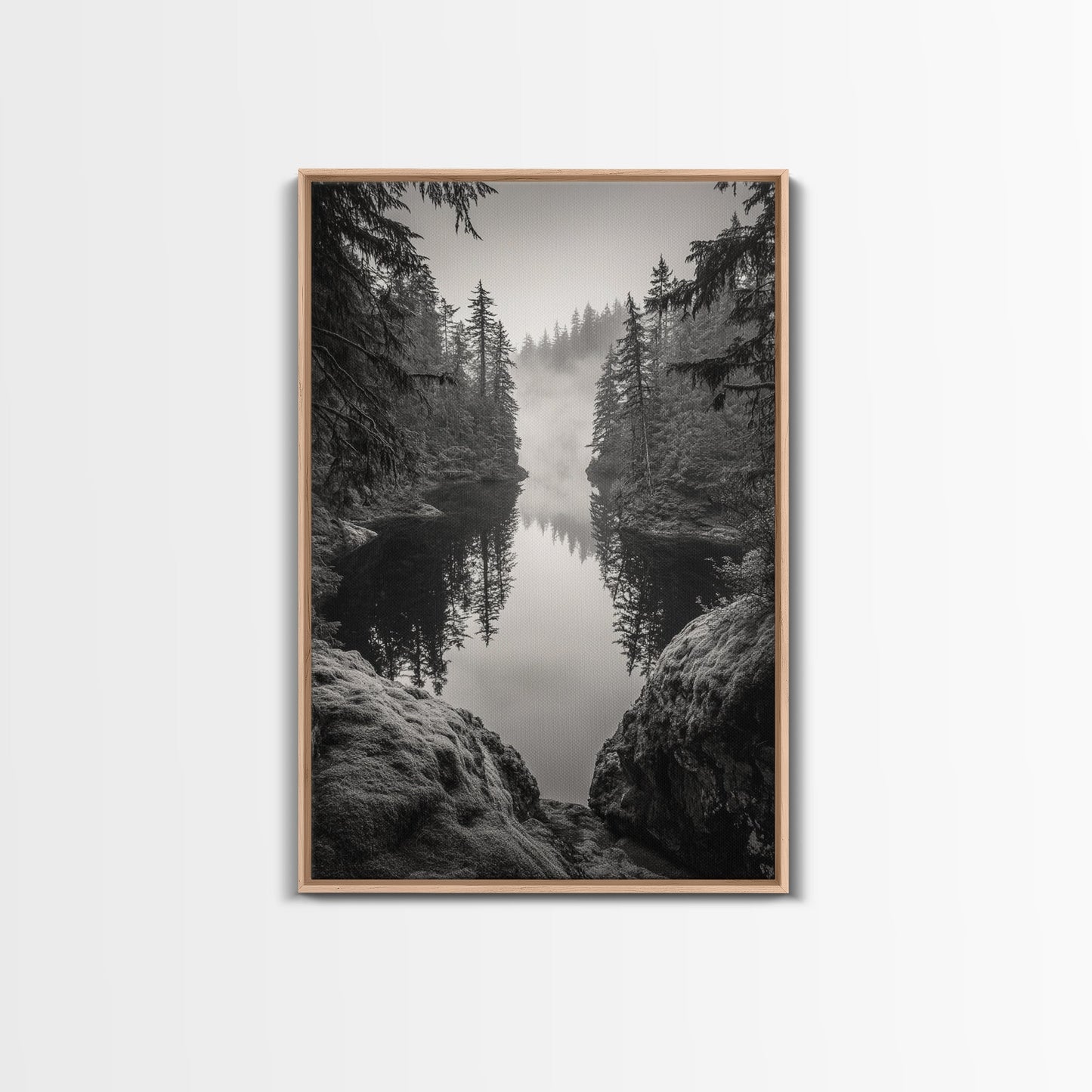 Misty Forest, River Reflection, Foggy Pines, Mountain Silence, Framed Canvas Print, Bedroom Wall Art, Tranquil Nature Photography, Zen Decor - I Bought a Yard Sale