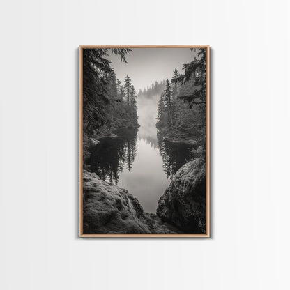 Misty Forest, River Reflection, Foggy Pines, Mountain Silence, Framed Canvas Print, Bedroom Wall Art, Tranquil Nature Photography, Zen Decor - I Bought a Yard Sale