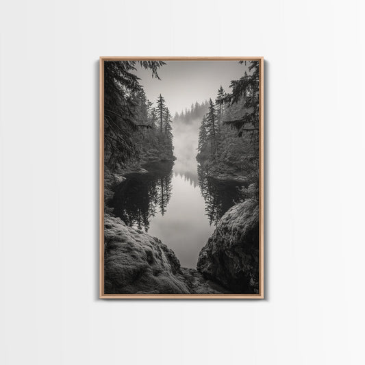 Misty Forest, River Reflection, Foggy Pines, Mountain Silence, Framed Canvas Print, Bedroom Wall Art, Tranquil Nature Photography, Zen Decor - I Bought a Yard Sale
